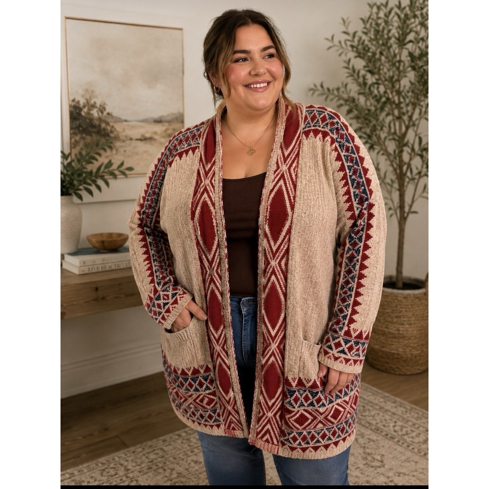 Lucky Brand Long Cardigan Womens 3X Aztec Knit Open Front Boho Pockets Cottage